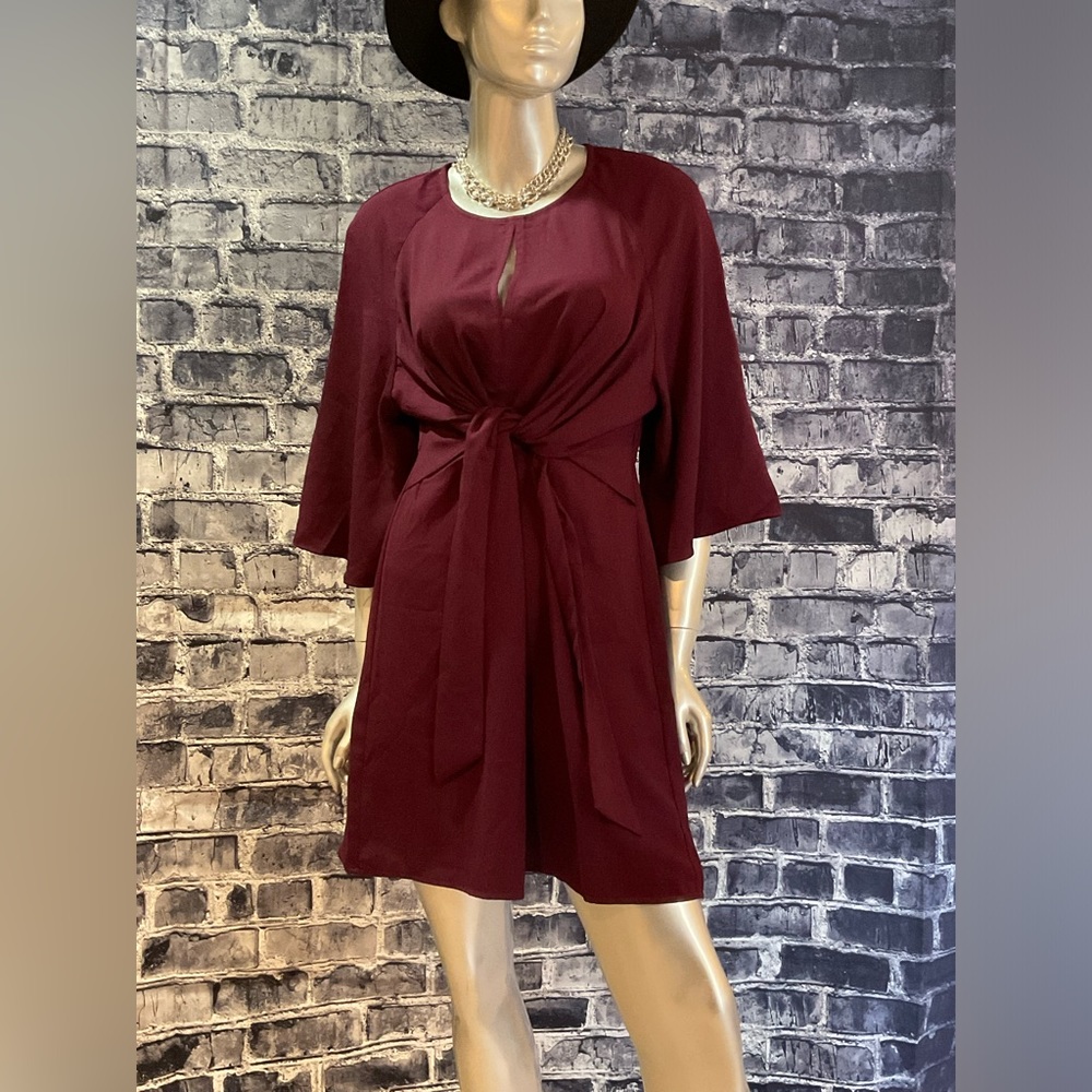 Burgundy Wine Fake Wrap Dressy Casual Dress